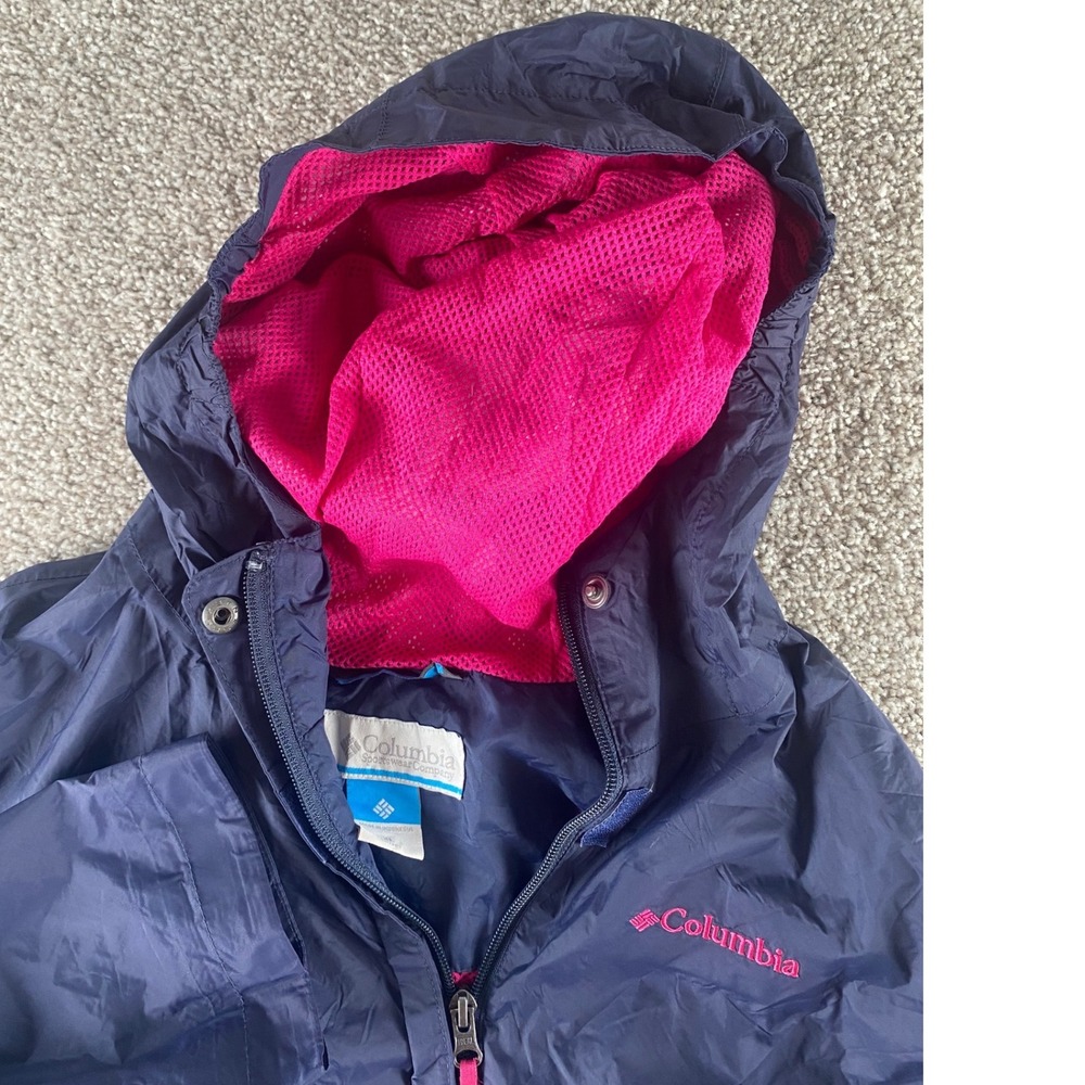 Columbia Omni-Tech Rain Jacket Navy Pink Kids XL 18/20 Hooded Windbreaker RG2122